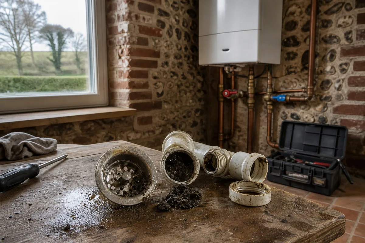 Bonde d&rsquo;évier en inox encrassée démontée sur une paillasse de cuisine avec un siphon ouvert