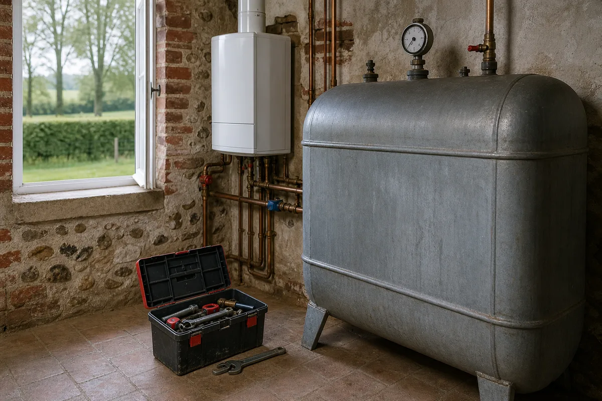 Cuve à fioul en acier dans un sous-sol de maison ancienne avec sa jauge mécanique