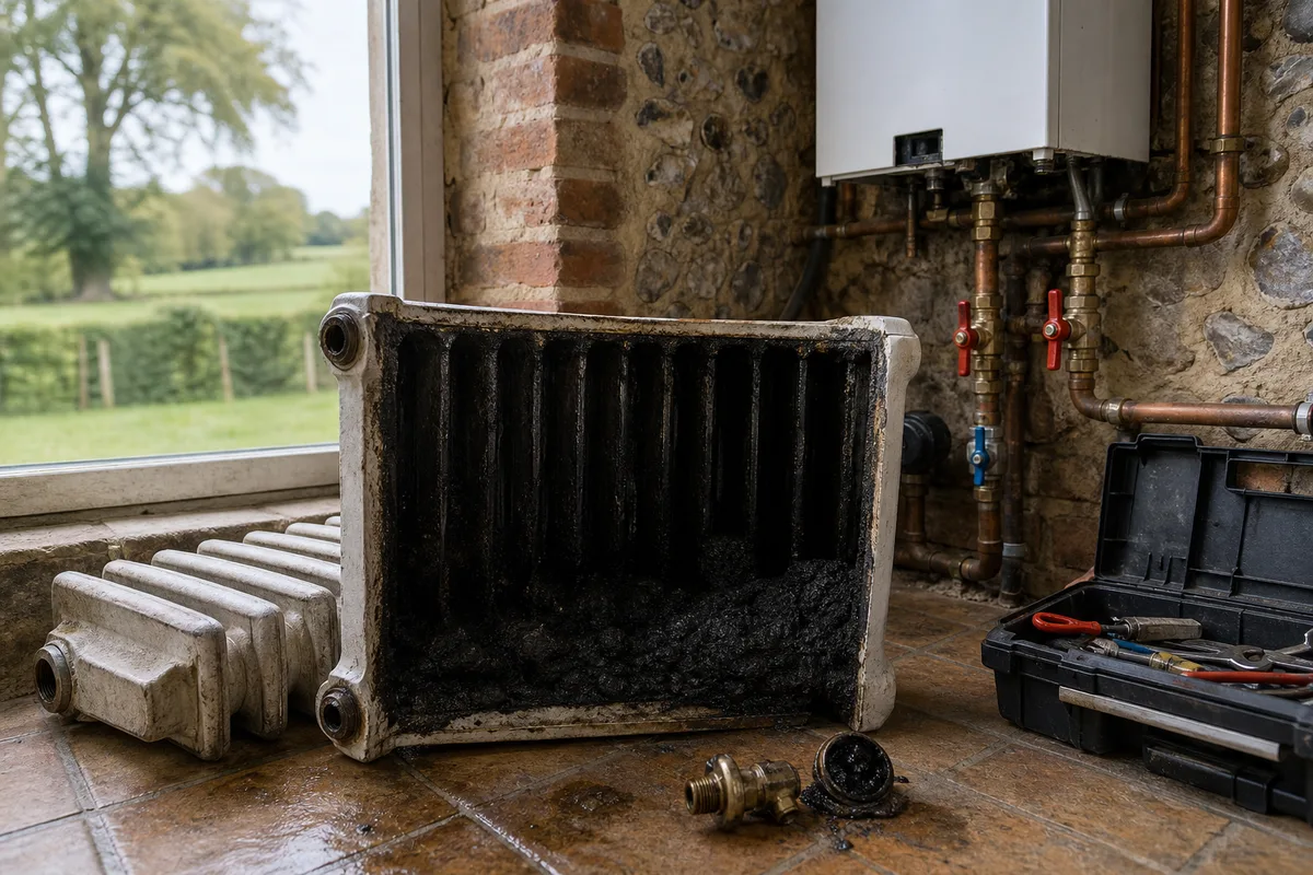 Radiateur en fonte démonté laissant apparaître un dépôt de boues noires au fond du corps