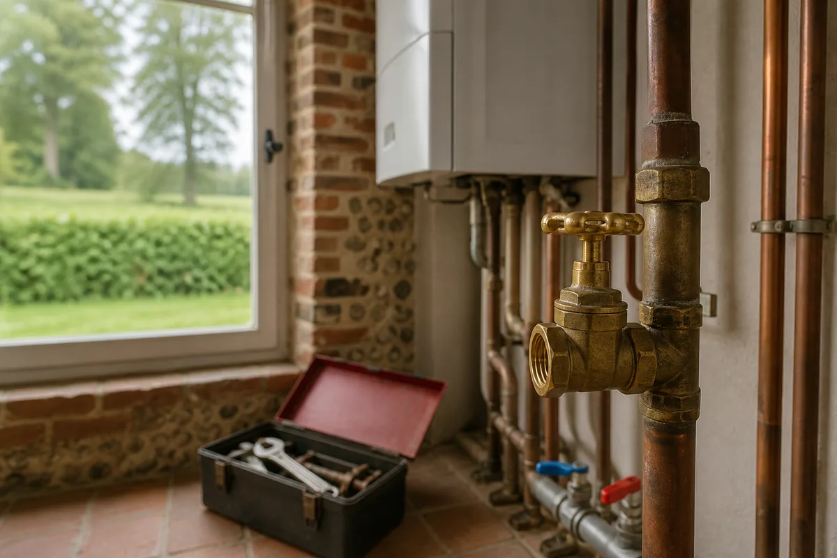 Robinet d’arrêt général en laiton fermé sur une canalisation de cuivre dans un placard technique