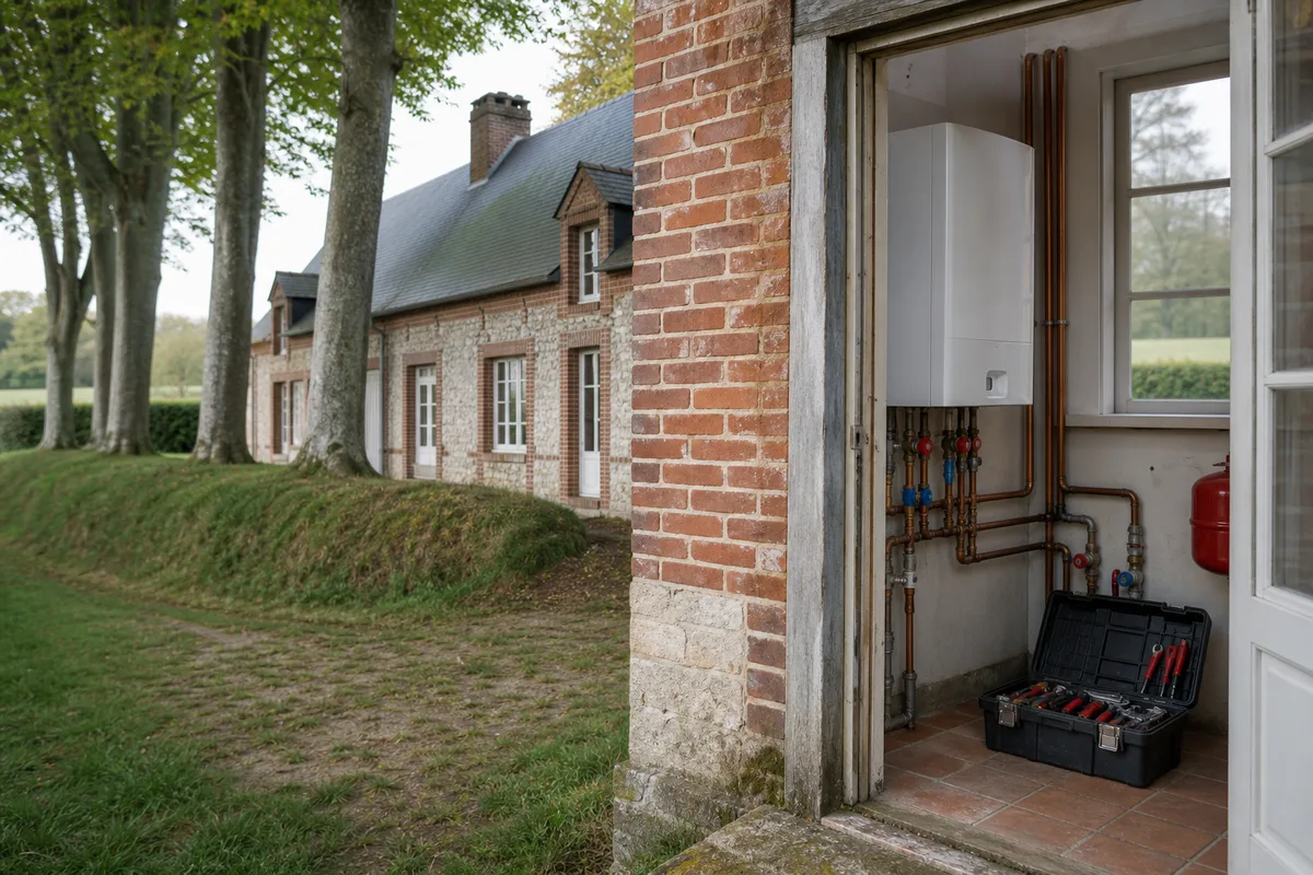 Clos-masure du pays de Caux bordé de hêtres sur talus, longère à colombages et tuyau de cuivre coudé au premier plan