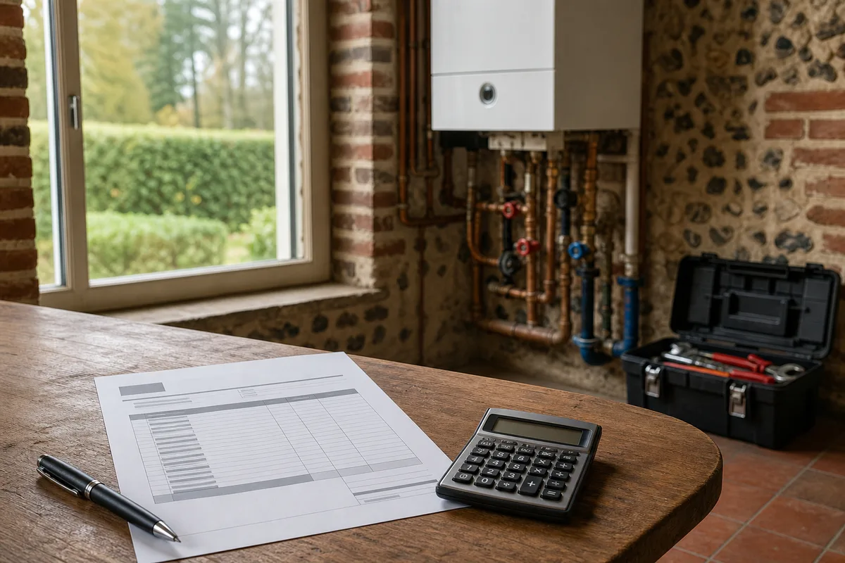 Devis de plomberie détaillé posé sur une table avec une calculatrice et un stylo