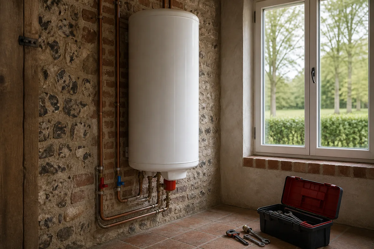 Chauffe-eau électrique vertical mural dans un cellier avec son groupe de sécurité rouge